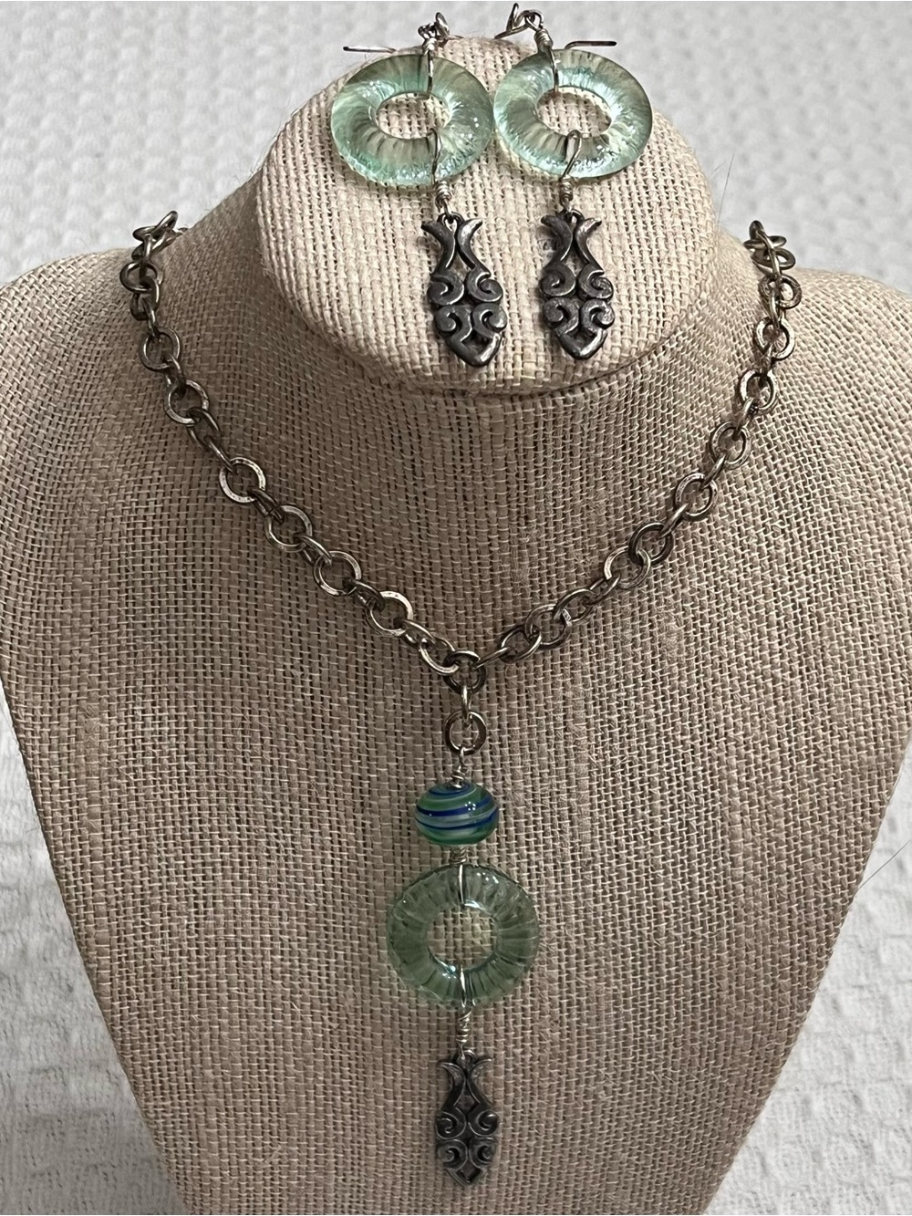 NEW Handmade Sea Glass Fish Charm Necklace & Earrings Set